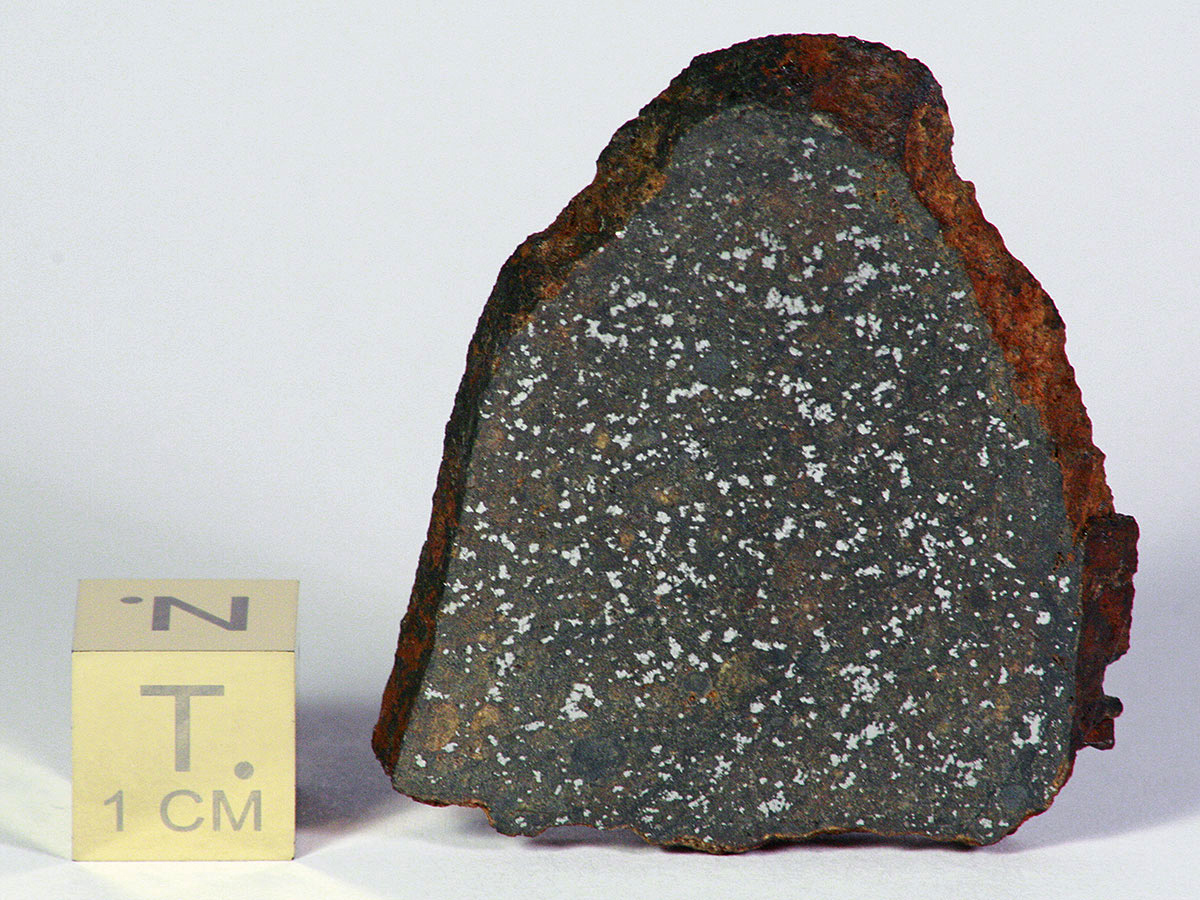 Pultusk H5 kondrit meteorit vágott szelete a csillogó fémszeplőkkel és rozsdaszínű kerek kondrulákkal.